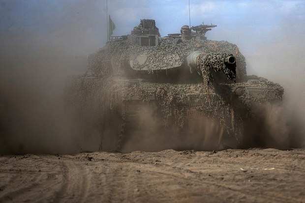 A German army Main battle tank Leopard 2A6 maneuvers during a visit by German President Frank-Walter Steinmeier to the Training Range in Pabrade, north of the capital Vilnius, Lithuania, May 30, 2023.