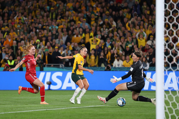 Caitlin Foord scores to give Australia a first-half 1-0 lead over Denmark.