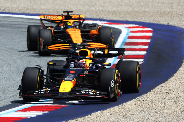 Max Verstappen of the Netherlands driving the (1) Oracle Red Bull Racing RB20 leads Oscar Piastri of Australia driving the (81) McLaren MCL38 Mercedes during the Sprint ahead of the F1 Grand Prix of Austria at Red Bull Ring on June 29, 2024 in Spielberg, Austria. (Photo by Clive Rose/Getty Images)