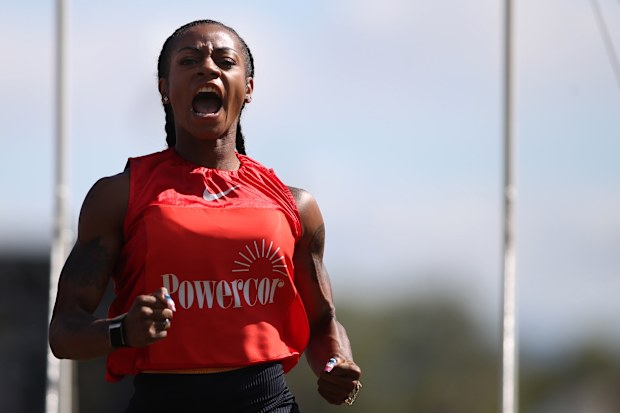 STAWELL, AUSTRALIA - APRIL 06: Sha'Carri Richardson celebrates after winning the Powercor Women's Gift during the 2026 Stawell Gift at Central Park on April 06, 2026 in Stawell, Australia. (Photo by Maya Thompson/Getty Images)