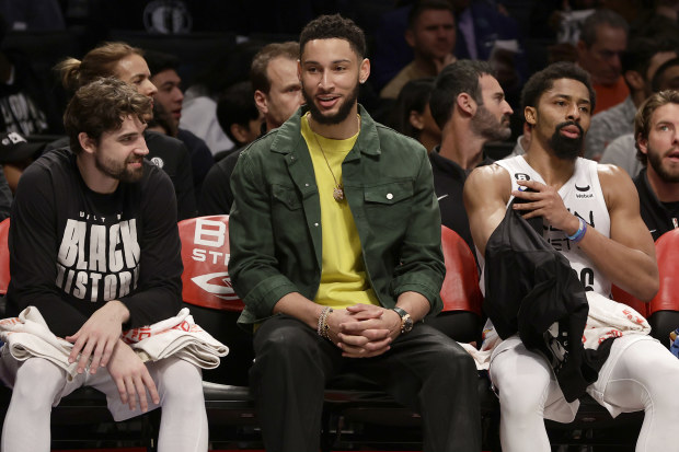 Ben Simmons pictured on the bench in street clothes during the 2022-23 season with the Brooklyn Nets