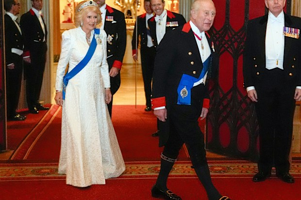 Britain's King Charles III, Queen Camilla and Prince William during the Diplomatic Corps reception at Windsor Castle, Berkshire, England, Tuesday, Nov, 18, 2025. (Andrew Matthews/Pool Photo via AP)