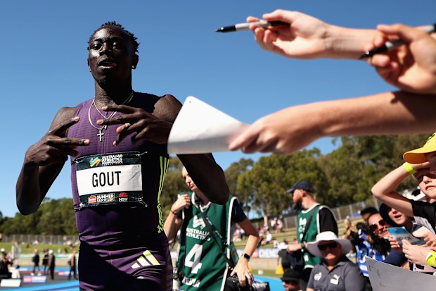 SYDNEY, AUSTRALIA - APRIL 12: Gout Gout of Queensland reacts following the Men's 200m heats during the 2026 Australian Athletics Championships at Sydney Olympic Park Athletic Centre on April 12, 2026 in Sydney, Australia. (Photo by Cameron Spencer/Getty Images)