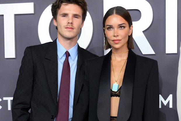 Cruz Beckham and Jackie Apostel attend the "Victoria Beckham" World Premiere at the Curzon Mayfair on October 08, 2025 in London, England. 