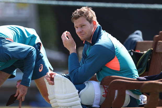 Steve Smith of Australia reacts after being struck on the finger in the nets during a session at Edgbaston.
