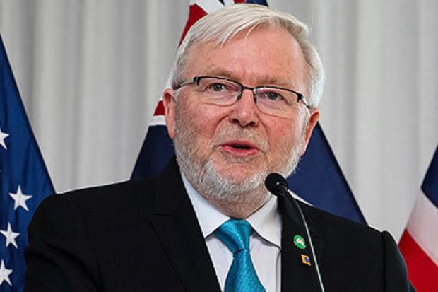 Kevin Rudd addresses technology and innovation event in Seattle in 2025 (Alex Ellinghausen/Nine)