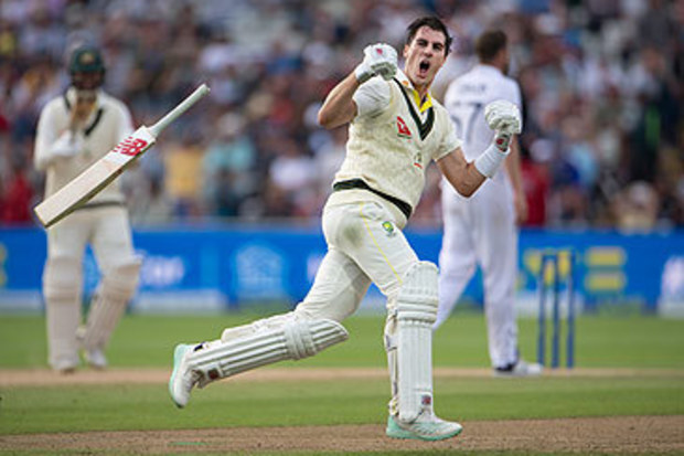 Pat Cummins celebrates scoring winning runs in first 2023 Ashes Test (Getty)