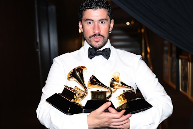 Bad Bunny poses with the Album of the Year, Best Música Urbana Album, and Best Global Music Performance Awards during the 68th GRAMMY Awards at Crypto.com Arena on February 01, 2026 in Los Angeles, California.