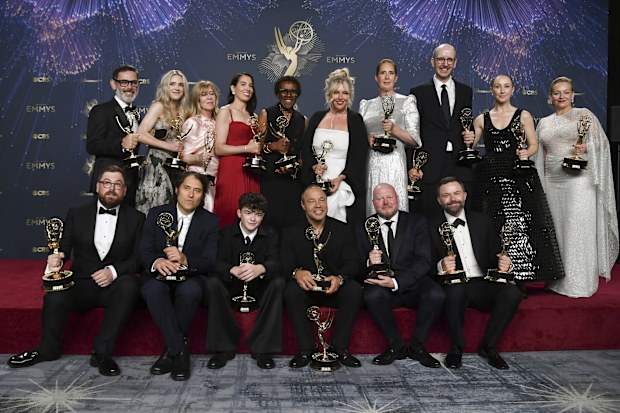 The team from "Adolescence," winners of the award for outstanding limited or anthology series, pose in the press room during the 77th Primetime Emmy Awards on Sunday, Sept. 14, 2025, at the Peacock Theater in Los Angeles. 