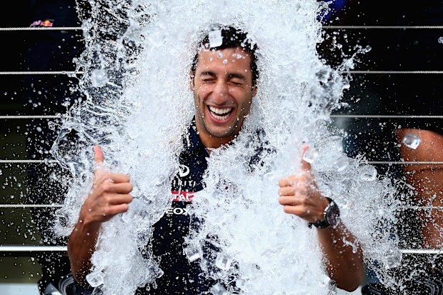 Daniel Ricciardo does the Ice Bucket Challenge during previews ahead of the Belgian Grand Prix at Circuit de Spa-Francorchamps on August 21, 2014 in Spa, Belgium.