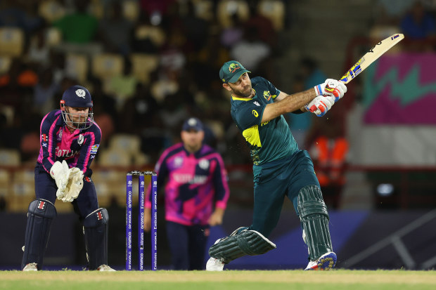 Glenn Maxwell batting during the ICC Men's T20 Cricket World Cup West Indies & USA 2024 match between Australia and Scotland at  Daren Sammy National Cricket Stadium on June 15, 2024 in Gros Islet, Saint Lucia. (Photo by Robert Cianflone/Getty Images)