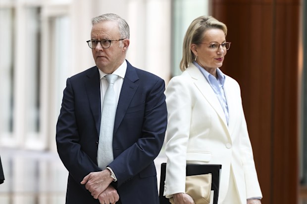 Prime Minister Anthony Albanese and Opposition leader Sussan Ley during the presentation of the Speaker to the Governor-General, during the opening of the 48th Parliament at Parliament House in Canberra on Tuesday 22 July 2025. fedpol Photo: Alex Ellinghausen
