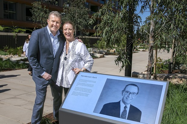 TV Legend Brian Henderson, has been honoured with the opening of Henderson Park at Nine by Mirvac, by his widow Mardi Henderson and current Nine Newsreader Peter Overton, and family & friends. Photography by Quentin Jones. 29 August 2024.