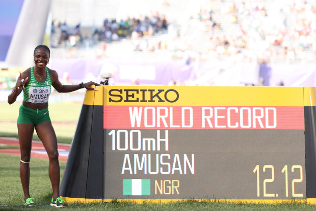 Tobi Amusan of Team Nigeria poses with her world record in the Women's 100m Hurdles Semi-Final on day ten of the World Athletics Championships Oregon22 at Hayward Field on July 24, 2022 in Eugene, Oregon. (Photo by Ezra Shaw/Getty Images)