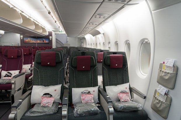 Bangkok, Thailand - October 17, 2024: economy class seats in Qatar Airways Airbus A380.