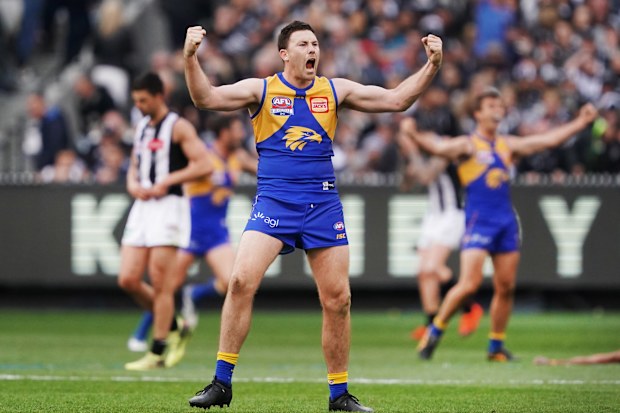 Jeremy McGovern erupts with joy as the West Coast Eagles win the 2018 AFL grand final.
