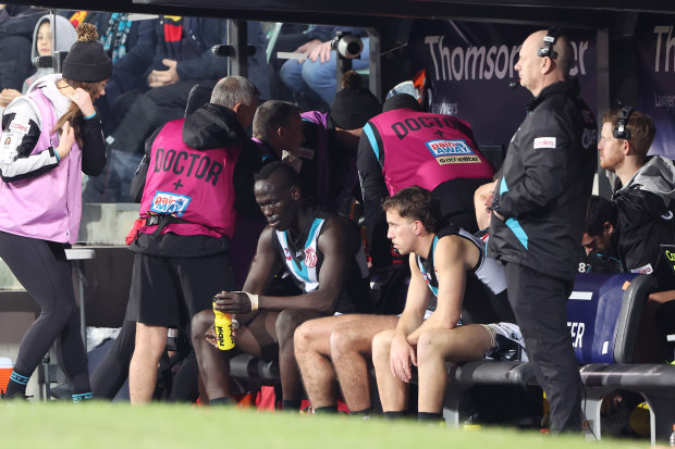 ADELAIDE, AUSTRALIA - JULY 29: Aliir Aliir of the Power on the bench after a collision with Lachie Jones who sits at the back of the bench with the Doctors - Ken Hinkley, Senior Coach of the Power watches the game during the 2023 AFL Round 20 match between the Adelaide Crows and the Port Adelaide Power at Adelaide Oval on July 29, 2023 in Adelaide, Australia. (Photo by Sarah Reed/AFL Photos via Getty Images)