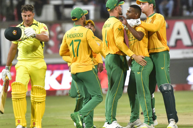 South African players celebrate the dismissal of Marcus Stoinis of Australia.