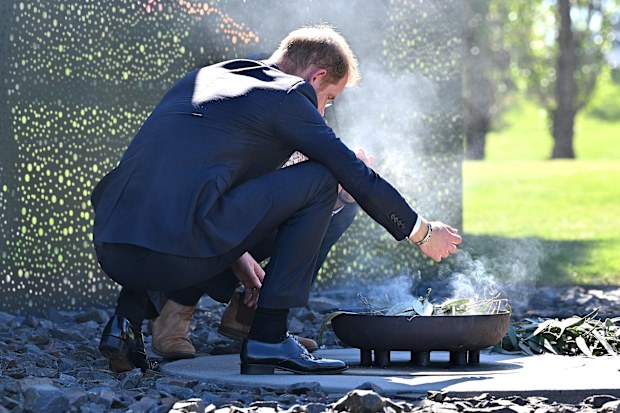 CANBERRA, AUSTRALIA - APRIL 15: Prince Harry, Duke of Sussex and LTCOL Joseph West lay a wreath and participate in a Smoking Ceremony during a visit to The Australian War Memorial on April 15, 2026 in Canberra, Australia. The Duke and Duchess of Sussex are on a four-day visit to Australia, with engagements across Melbourne, Canberra and Sydney. (Photo by Wendell Teodoro/Getty Images)