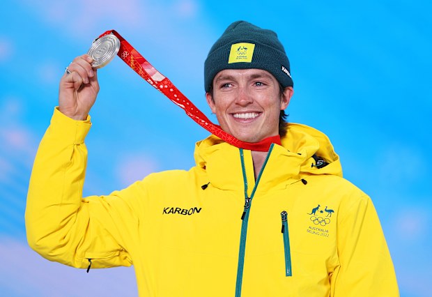 ZHANGJIAKOU, CHINA - FEBRUARY 11: Silver medallist, Scotty James of Team Australia poses with their medal during the Men's Snowboard Halfpipe medal ceremony on Day 7 of the Beijing 2022 Winter Olympic Games at Zhangjiakou Medal Plaza on February 11, 2022 in Zhangjiakou, China. (Photo by Maja Hitij/Getty Images)
