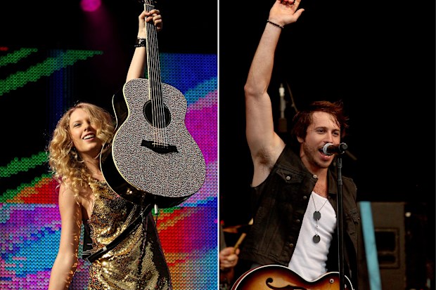 Split image of Taylor Swift performing in Australia in 2009 and Morgan Evans in NSW in 2013.