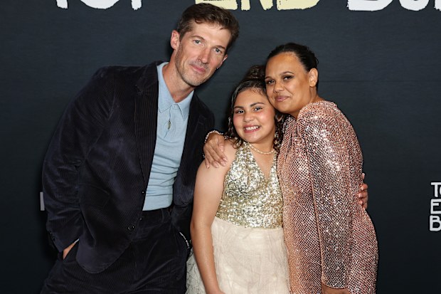SYDNEY, AUSTRALIA - SEPTEMBER 09: Gwilym Lee, Glady-May Kelly and Miranda Tapsell pose at the "Top End Bub" Australian Premiere at Hoyts Entertainment Quarter on September 09, 2025 in Sydney, Australia. (Photo by Don Arnold/WireImage)