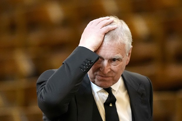 Prince Andrew arrives for the funeral of the Duchess of Kent at Westminster Cathedral in London, Tuesday, Sept. 16, 2025.