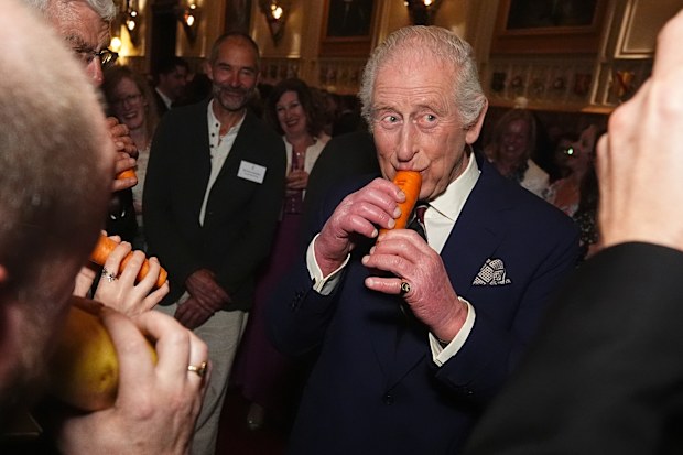 WINDSOR, ENGLAND - APRIL 3: King Charles III plays a carrot with the London Vegetable Orchestra during a reception to recognise those involved in community music across the UK, at Windsor Castle on April 3, 2025 in Windsor, England. The 350 guests include leaders of community music groups and music-related projects, many of whom are volunteers. (Photo by Aaron Chown - WPA Pool/Getty Images)