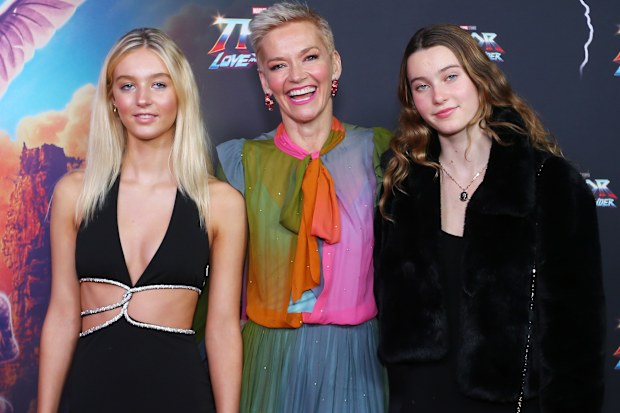 Jessica Rowe (c) and daughters attend the Sydney premiere of Thor: Love And Thunder at Hoyts Entertainment Quarter on June 27, 2022 in Sydney, Australia. (Photo by Lisa Maree Williams/Getty Images)
