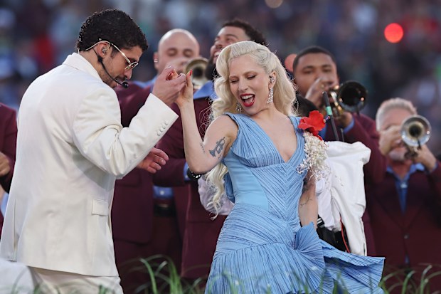 Bad Bunny and Lady Gaga perform onstage during the Apple Music Super Bowl LX Halftime Show at Levi's Stadium on February 08, 2026 in Santa Clara, California. (Photo by Kevin C. Cox/Getty Images)