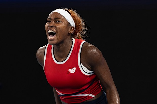 Coco Gauff of the United States reacts after defeating Poland's Iga Swiatek in their singles semi-final match at the United Cup.