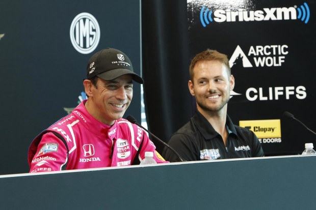 Helio Castroneves (left) with the man who will replace him at Meyer Shank Racing in 2024, Tom Blomqvist. 