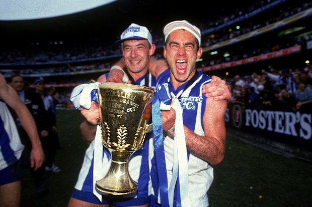 Ian Fairley (left) and Wayne Schwass celebrate winning the 1996 AFL premiership with North Melbourne.