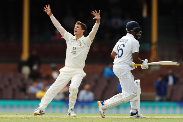 Mitchell Swepson of Australia A appeals for the wicket of Shubman Gill of India.