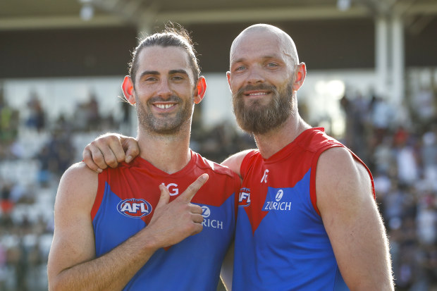 MELBOURNE, AUSTRALIA - FEBRUARY 24: Brodie Grundy and Max Gawn of the Demons pose for a photo during the 2023 AFL match simulation between the St Kilda Saints and the Melbourne Demons at RSEA Park on February 24, 2023 in Melbourne, Australia. (Photo by Dylan Burns/AFL Photos)