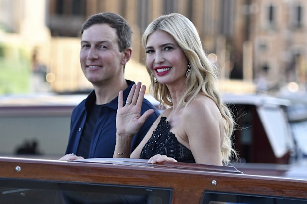 Ivanka Trump, right, and Jared Kushner leave a hotel during celebrations for Jeff Bezos and Lauren Sanchez Bezos' wedding, in Venice, Saturday, June 28, 2025. (AP Photo/Luigi Costantini)