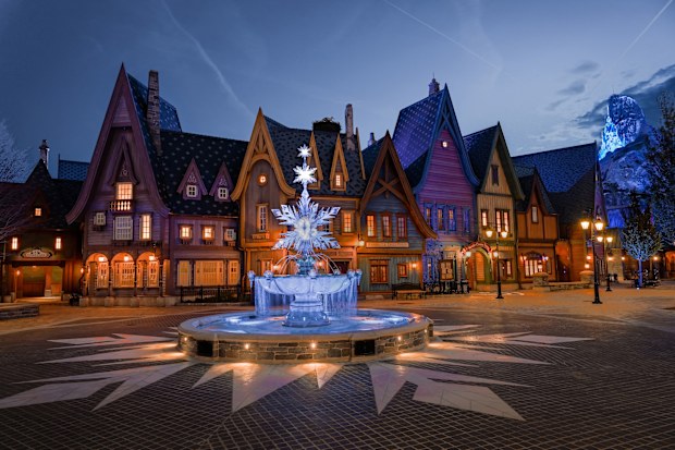 Night view of World of Frozen at Disney Adventure World, Disneyland Paris, France