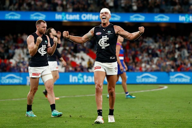 Patrick Cripps of the Blues celebrates his win.