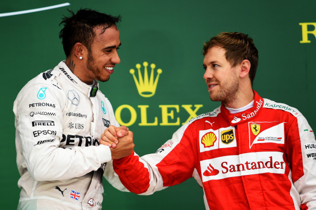 Lewis Hamilton (left) and Sebastian Vettel on the podium at the 2015 United States Grand Prix at Circuit of the Americas.