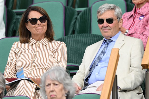 LONDON, ENGLAND - JULY 07: Carole Middleton and Michael Middleton react to the action court-side on day eight of the Wimbledon Tennis Championships at the All England Lawn Tennis and Croquet Club on July 07, 2025 in London, England. (Photo by Karwai Tang/WireImage)