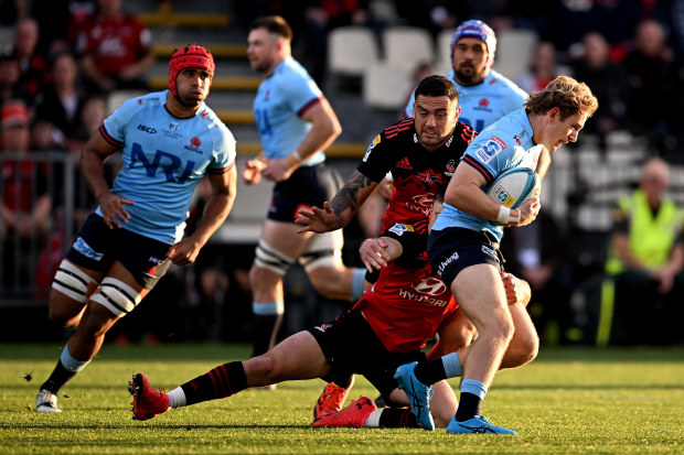 Max Jorgensen charges forward during the round 14 Super Rugby Pacific match between Crusaders and NSW Waratahs.