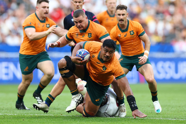 Will Skelton (pictured with ball) was among the overseas-based players picked for the 2023 Rugby World Cup Wallabie squad.