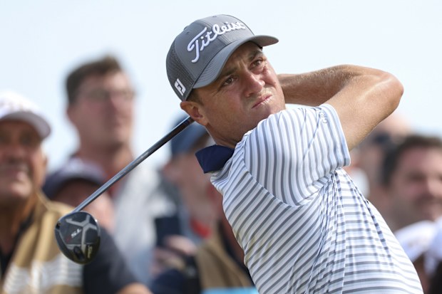 Justin Thomas of the United States hits off the 16th tee during a practice round ahead of the British Open Golf Championships at Royal Troon golf club in Troon, Scotland, Wednesday, July 17, 2024. (AP Photo/Peter Morrison)