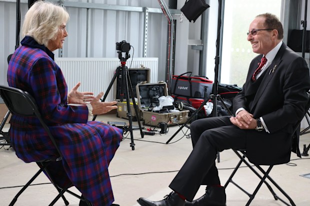 Author Peter James with Queen Camilla (then Duchess of Cornwall) on the set of ITV's adaptation of the Roy Grace series on November 4, 2021 in Brighton, England.