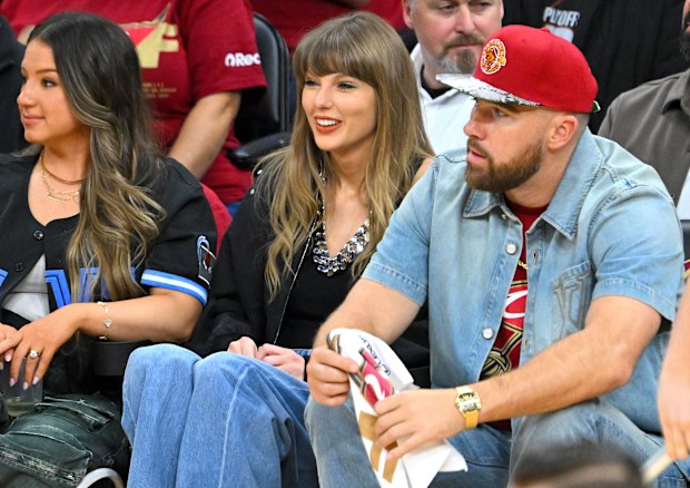 CLEVELAND, OHIO - MAY 23: (L-R) Singer Taylor Swift and Travis Kelce of the Kansas City Chiefs attend Game Three between the New York Knicks and the Cleveland Cavaliers in the NBA Eastern Conference Finals at Rocket Arena on May 23, 2026 in Cleveland, Ohio. NOTE TO USER: User expressly acknowledges and agrees that, by downloading and or using this photograph, User is consenting to the terms and conditions of the Getty Images License Agreement. (Photo by Jason Miller/Getty Images)