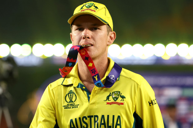Adam Zampa of Australia celebrates with his winners medal following the ICC Men's Cricket World Cup final between India and Australia.