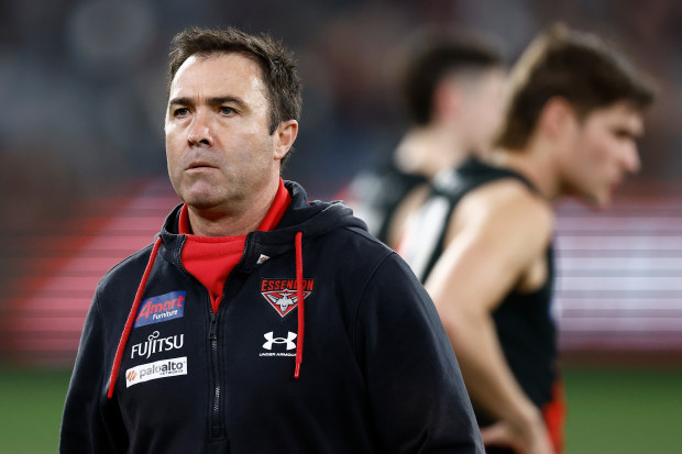 MELBOURNE, AUSTRALIA - AUGUST 25: Brad Scott, Senior Coach of the Bombers looks on during the 2023 AFL Round 24 match between the Essendon Bombers and the Collingwood Magpies at Melbourne Cricket Ground on August 25, 2023 in Melbourne, Australia. (Photo by Michael Willson/AFL Photos via Getty Images)