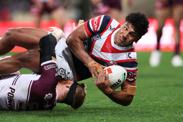 Siua Wong of the Roosters is tackled during the round 23 NRL match between the Sydney Roosters and Manly Sea Eagles at Sydney Cricket Ground on August 03, 2023 in Sydney, Australia. (Photo by Matt King/Getty Images)