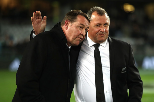 All Blacks coach Steve Hansen and assistant Ian Foster celebrate beating the Wallabies in 2019.