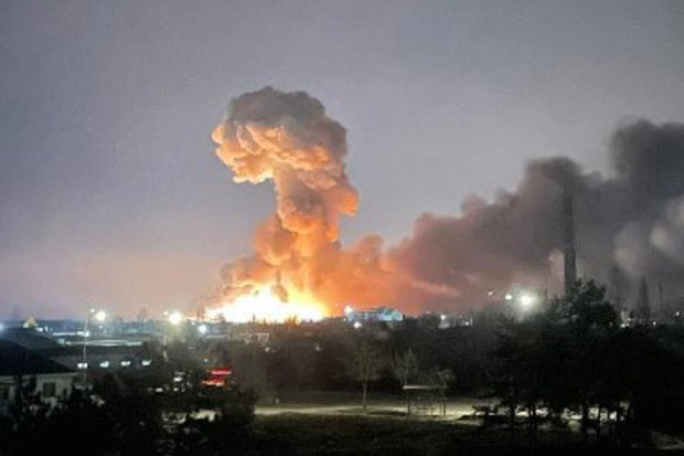 An explosion is seen in the Ukrainian capital of Kyiv early Thursday, February 24.